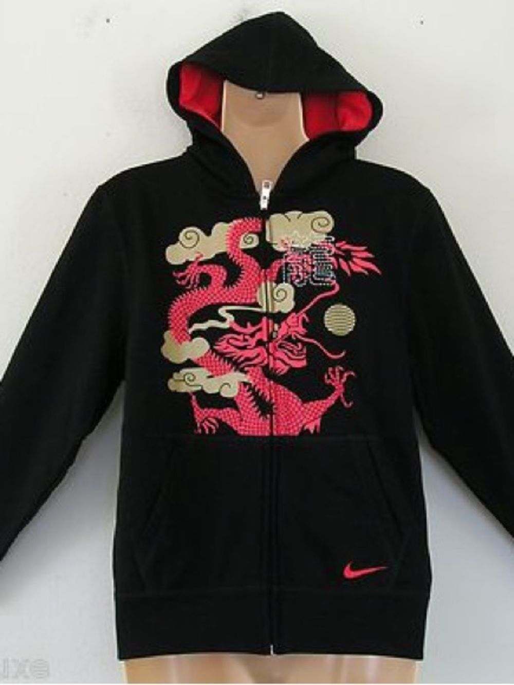 Nike Kids Black Hoodie with Red & Cream Dragon Design